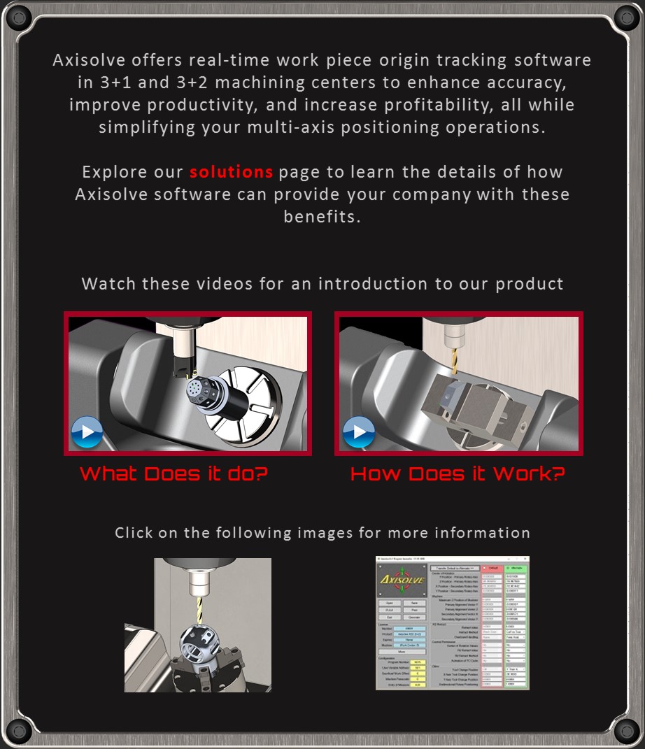 Axisolve offers real time work origin tracking for 3+1 and 3+2 machining operations